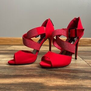 Red Strappy Heels rhinestones size 9 holiday valentines cocktail party clubbing